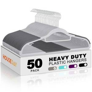 lot 4874 image: HOUSE DAY Plastic Hangers 50 Pack, Grey Plastic Clothes Hangers Non Slip with Rubber Grip, Heavy Duty Hanger with 360° Swivel Metal Hook, Ultra Thin Hangers Space Saving for Closet Organizer - Retail $28