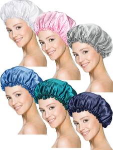 lot 4880 image: Syhood 6 Pieces Sleep Cap Satin Bonnet Sleeping Hat Soft Elastic Night Hair Cover for Women(Navy Blue, Blue, Peacock Blue, Silver, Beige, Pink,Medium) - Retail $9