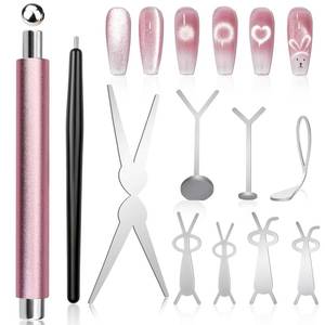 lot 4884 image: FOWSRHRG 3 in 1 Cat Eye Nail Magnet Set, Double-head Magnet Wand with Steel Ball Round Beads and Guides, Multifunctional Cat Eye Gel Nail Polish Magnets Tool for Nails Art DIY Salon Manicure Design