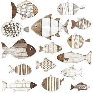 lot 4886 image: Spiareal 15 Pcs Wood Fish Nautical Wall Decor Wooden School of Fish Wall Art Rustic Hanging Beach Decor Ocean Coastal Theme Vintage Ornaments for Summer Home Lake House Bathroom Bedroom(Rustic) - Retail $25