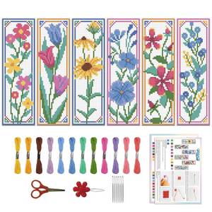 lot 4888 image: ORIGACH 6 Pcs Flower Cross Stitch Bookmark Kit for Beginner with Backing Felt Floss Instruction Sunflowers Tulip DIY Stamped Embroidery Bookmark Kit for Starter Adults Book Lovers - Retail $14
