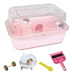 lot 4900 image: Hamiledyi Dwarf Hamster Cage Clear Plastic Small Hamster Cage Portable Carrier with Water Bottle Exercise Wheel Bathtub Box Set Toy for Dwarf Baby Hamster (Pink) - Retail $27