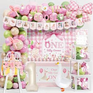 lot 4916 image: THAWAY 133 Pcs One Silly Goose Birthday Decor Girl, Pink First Birthday Decorations for Girl with Balloon Garland, Highchair Banner, Cake Topper - Baby Shower Party Supplies Decor Kit