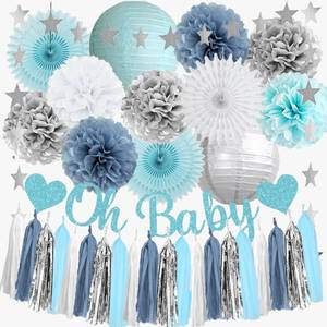 lot 4918 image: Blue and Silver Baby Boy Shower Decorations Oh Baby White Silver Dusty Blue Baby Shower Decorations Boy White Paper Fans Poms Lanters with Paper Tassel Garland - Retail $10