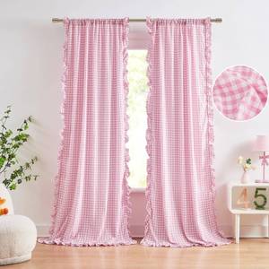 lot 4922 image: ZJDECOR 95 Inch Light Pink Buffalo Plaid Ruffle Curtains for Girls Room Bedroom Living Room,Not-See-Through Sheer Crinkled Drapes,Farmhouse Shabby Chic Window Treatment,Rod Pocket,40Wx95L,Pack of 2 - Retail $44