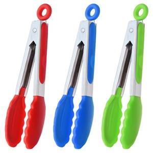 lot 4947 image: HINMAY Mini Tongs with Silicone Tips 7-Inch Serving Tongs, Set of 3 (Red Blue Green) - Retail $13