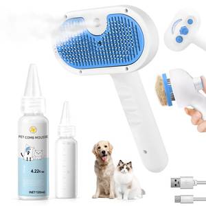 lot 4952 image: Pet Steam Brush for Dog & Cat - 3-in-1 Steam Grooming Brush for Shedding & Hair Removal - Self Cleaning Spray Comb with Mist for Long Haired Pets - Includes 1Waterless Shampoo, Blue. - Retail $20