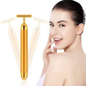 lot 4953 image: Beauty Bar 24k Gold Skin Care Face Massager Roller, 2 in 1 Electric 3D Roller and T Shape Energy Beauty Bar for Face Lift and Skin Tightening - Retail $9