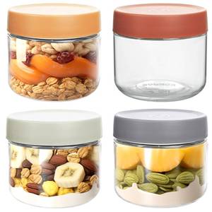 lot 4958 image: 4 pack 10oz Thick Glass Jar with Lid for Overnight Oats,Reusable Leak Proof Wide Mouth Mason Jar perfect for Overnight Oats Fruit Salad Dressing Snacks Cereal Sauce Beans Condiment,Dishwasher Safe - Retail $12