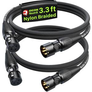 lot 4963 image: Short XLR Cables 3.3ft 2 Pack, Gold Plated 3-Pin Connectors from Rean-Neutrik Sub Brand, Kevlar-Reinforced Nylon Braided & OFC Shielded XLR Male to Female Balanced Microphone Cord for Mixer, Amp, DAC - Retail $17