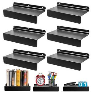 lot 4972 image: Acshio 6 Pack Slatwall Shelves, 9L x 4W Metal Slat Wall Shelves Accessories, Heavy Duty Slat Wall Organizer Flat Retail Display Shelves for Living Room, Bedroom, Office, Gaming Room, Black - Retail $20
