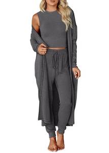 lot 5005 image: KIRUNDO 3 Piece Lounge Sets for Women Airport Travel Vacation Outfits Spring Cardigan Matching Sleeveless Top Jogger Pants(Dark Grey, Small) - Retail $49