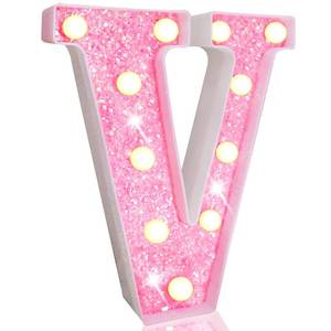 lot 5013 image: Pooqla LED Marquee Letter Lights, Pink Glitter Light Up Letters Alphabet Sign Battery Powered Night Light, Birthday Party Wedding Girls Gifts, Christmas Room Dorm Bedroom Decoration, Pink Letter V - Retail $13
