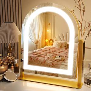 lot 5023 image: ROLOVE Lighted Makeup Mirror with 3-Color Dimmable Lighting, with Removable 10x Magnifier, Smart Touch Control, 360° Rotation, 15 x 13 Hollywood Vanity Mirror for Tabletop Desk (Gold) - Retail $36