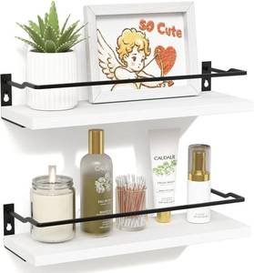 lot 5051 image: RICHER HOUSE White Bathroom Shelves, Small Floating Wall Mounted Shelf for Bathroom Decor, Guard-Rail Wood Shelving Organizer Over Toilet Kitchen Storage Shelves Set of 2 - White - Retail $19