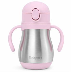 lot 5069 image: Bakpoco Stainless Steel Sippy Straw Cup for Toddlers 1-3 Years Old, Insulated Toddler Water Bottle Baby Training Tumbler with Handles, 8oz Kids Straw Cups for Travel, Daycare & At Home, Pink - Retail $19
