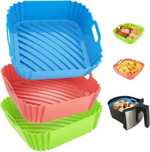 lot 5085 image: 3 Pcs Silicone Air Fryer Liners Square Airfryer Liners 4-7 QT 7.1 Inch Reusable Air Fryer Silicone Pot Oven Liner Baking Tray, Air Fryer Basket Silicone Mat Bowl Air Fryer Accessories Kitchen Gadgets - Retail $15