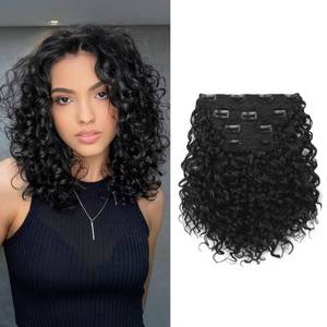 lot 5096 image: FLUFYMOOZ 4PC Clip in Hair Extensions, 10 Inch 100 Pure Protein Silk Short Hairpiece Deep Curly Wavy Hair Extensions Clip in Natural Soft Hairpiece for Women-Black - Retail $23