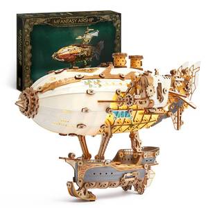 lot 5098 image: FUNPOLA LED 3D Wood Puzzle Fantasy Airship Model - Steampunk DIY Craft Kit with LED Lights Intricate Wooden Airship Model Building Set for Teens and Adults(White) - Retail $49