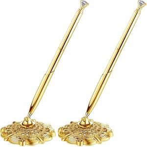 lot 5120 image: Outus 2 Pieces Wedding Pens for Guest Book Signing Gold Hollow Round Pen Holder Stand Set for Guestbook Sign Bridal Engagement Reception Supplies - Retail $12