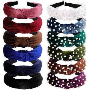 lot 5130 image: VELSCRUN Pearl Headband, 8 pcs Knotted Headbands for Women - Hair Bands with Beaded Non Slip Wide Top Knot - Velvet Hair Bands for Womens Hair Accessories for Women Girls Gifts, Black White Pink Red - Retail $15