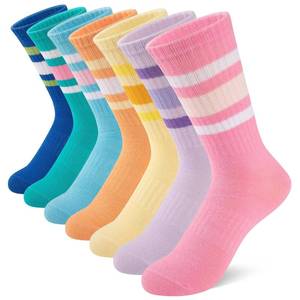 lot 5165 image: Comfoex Girls Crew Socks Kids Athletic Calf Socks 7 Pairs Soft Cotton & Casual Stripe for Children 8-10 10-12 Years Old - Retail $13