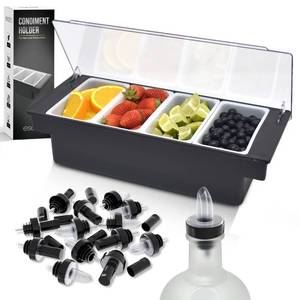 lot 5178 image: Esatto Bar Products Condiment Holder for Serving Container Chilled Garnish Tray with Lid for Bar Caddy, 4-1 Pint Inserts, With Added 12 Liquor Bottle Pourers, and 12 Pourer Covers - Black - Retail $30