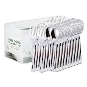 lot 5182 image: Silver Disposable Cutlery Set, 120 Count Spoons  Forks, Plastic Silverware Set, Perfect for Parties, Holiday Gatherings, Picnics, and Stocking the Pantry - Retail $10