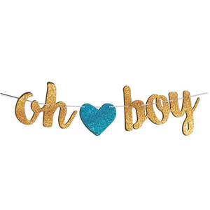 lot 5194 image: Pre-Strung Oh Boy Glitter Banner - Gender Reveal Baby Shower Decorations and Supplies - Party Favors and Gifts - Retail $8