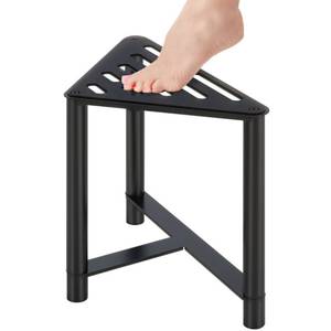 lot 5203 image: JIAPAIDUO Shower Stool for Inside Shower, 13.78 D Stainless Steel Shaving Foot Rest, Waterproof Corner Bench, Black Seat to Shave Legs with Rubber Cushion - Retail $17