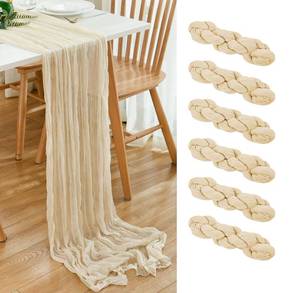 lot 5219 image: 6 Pack Beige Cheesecloth Table Runner 21x120 Inch Boho Wrinkled Sheer Romantic Gauze Decor for Wedding, Bridal Shower, Birthday Party - Retail $19