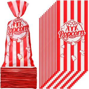 lot 5258 image: Teling 100 Pcs Popcorn Treat Bags 100 Pcs Popcorn Treat Bags for Party Red White Stripe Cookie Candy Bags with 150 Red Twist Ties for Circus Carnival Birthday Party Favor - Retail $8