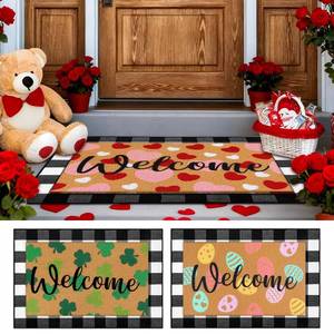 lot 5267 image: HunnmingRe 4 Pcs Valentines Day St. Patricks Day Easter Welcome Door Mats Outdoor Non Slip Buffalo Plaid Floor Rug Shamrock Heart Eggs Imitation Coconut Coir Door Mats for Front Porch Entryway Decor - Retail $41