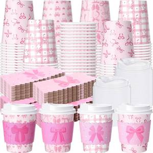 lot 5289 image: Jingmore 48 Sets Pink Bow Disposable Coffee Cups with Lids and Sleeves, 8oz Coquette Bowknot Drinking Cups for Wedding Bachelorette Baby Shower Birthday Party Supplies - Retail $23