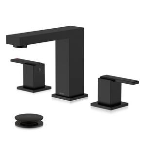 lot 5291 image: KENES Black Widespread Bathroom Faucet 3 Hole Bathroom Sink Faucet Matte Black Two Handle, 8-Inch 3 Pieces Bathroom Vanity Faucet with Pop Up Drain & Supply Lines, KE-9050-2-P - Retail $83