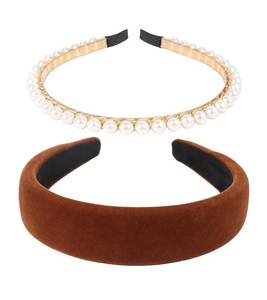 lot 5296 image: LisLic Womens 2 Pcs Wide Velvet Pearls Headbands for Women Girls, Non Slip Fashion Cute Headband Hair Accessories (Brown VelvetPearls)