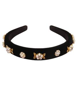 lot 5297 image: YARN & INK Black Flowers Velvet 1 inch Wide Pearls Headbands for Women Girls, Rhinestones Headband Party Headwear Vintage Handmade Hair Accessories (Camellia Velvet) PEARL NEEDS REATTACHED - Retail $13