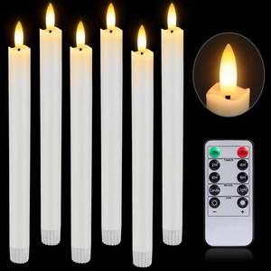 lot 5312 image: HINZER 6 Pcs Flameless Taper Candles with Remote & Timer 9.6 inch Real Wax Battery Operated LED Warm 3D Wick Flickering Window Candles for Halloween Christmas Wedding Decor, White - Retail $25