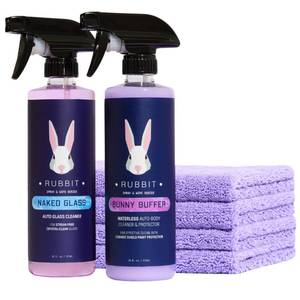 lot 5321 image: Rubbit Bunny Buffer Bundle, Waterless SiO2 Ceramic Car Wash & Protect Kit with Auto Body Clean and Protect Spray, Glass Cleaner, & 4 Microfiber Towels, Spray and Wipe Car Detailing Kit, 6 Piece Set - Retail $60