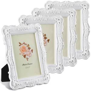 lot 5324 image: Amyhill 4 Pcs White Vintage Picture Frame Rose Flower Design Antique Photo Frames with Glass for Wedding Home Living Room Tabletop Wall Display, Horizontally or Vertically Use(White,5 x 7) - Retail $35