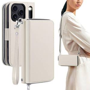 lot 5334 image: OCASE for iPhone 17 Pro Max Crossbody Wallet Case - Stylish PU Leather Handbag Phone Purse with Zipper Closure, Card Slots & RFID Blocking - Wrist Strap, Lanyard, Kickstand - Cream - Retail $33