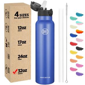 lot 5354 image: Hans Bottle Sports Water Bottle - 32 Oz, Straw Lid, Leak Proof, Vacuum Insulated Stainless Steel, Double Walled, Thermo Mug,Navy Blue - Retail $20