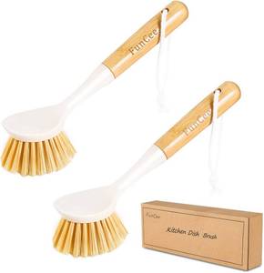 lot 5360 image: FunCee 2 Pack Kitchen Dish Brushes with Bamboo Handle, Dish Scrubber Built-in Scraper, Scrub Brush for Pans, Pots, Counter & Kitchen Sink Cleaning, Dishwashing and Cleaning Brush Tools, White - Retail $10