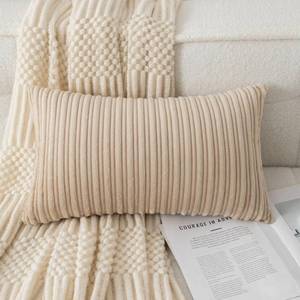 lot 5363 image: UGASA 12x24 Inch Pillow Cover Pack of 1 Soft Boho Stripe Corduroy Long Rectangular Lumbar Cushion Cover Farmhouse Decorative Throw Pillowcase for Bed, Couch, Sofa, Bedroom, Living Room, Beige - Retail $10