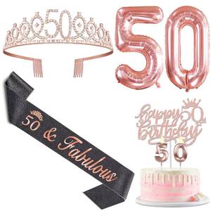 lot 5391 image: 50th Birthday Decorations for Her with Black 50th Birthday Sash and Crown, Cake Topper and Candles, Number Balloons Rose Gold, 50 Year Old Gifts for Women - Retail $16
