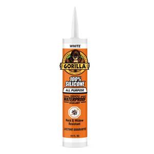 lot 5416 image: Gorilla 100% Silicone Waterproof Caulk, All Purpose Sealant, Mold &amp Mildew Resistant, Flexible Seal, White, 10 oz Cartridge (Pack of 1) - Retail $10