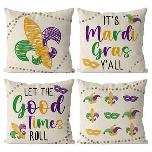 lot 5434 image: QIONG MENG Mardi Gras Pillow Covers 20x20 Inch Set of 4 Beads Masquerade Mask Throw Pillowcase Fleur De Lis Living Room Decorative Cushion Case Mardi Gras Decorations