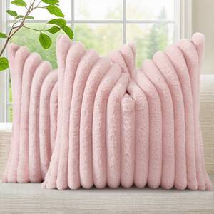 lot 5436 image: decorUhome Summer Cozy Faux Fur Throw Pillow Covers 20x20 Set of 2 Decorative Soft Plush Striped Modern Farmhouse Boho Couch Pillow Cases with Velvet Back for Sofa Bed Living Room, Pink - Retail $22