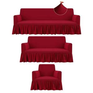 lot 5447 image: Fanfanwin 3 Pcs Sofa Slipcover Set for Couch Cushion Durable Washable High Elastic Stretchable Furniture Couch Covers with Skirt for Sofa Loveseat Arm Chair (Burgundy,Milk Silk) - Retail $54