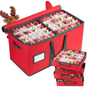 lot 5451 image: OIAHOMY Ornament Storage Box Holds 128 Christmas Ornaments, Christmas Ornament Storage Include Trays and Zippers, Ornament Organizer with Handle, Made of 600D Oxford Fabric - Red